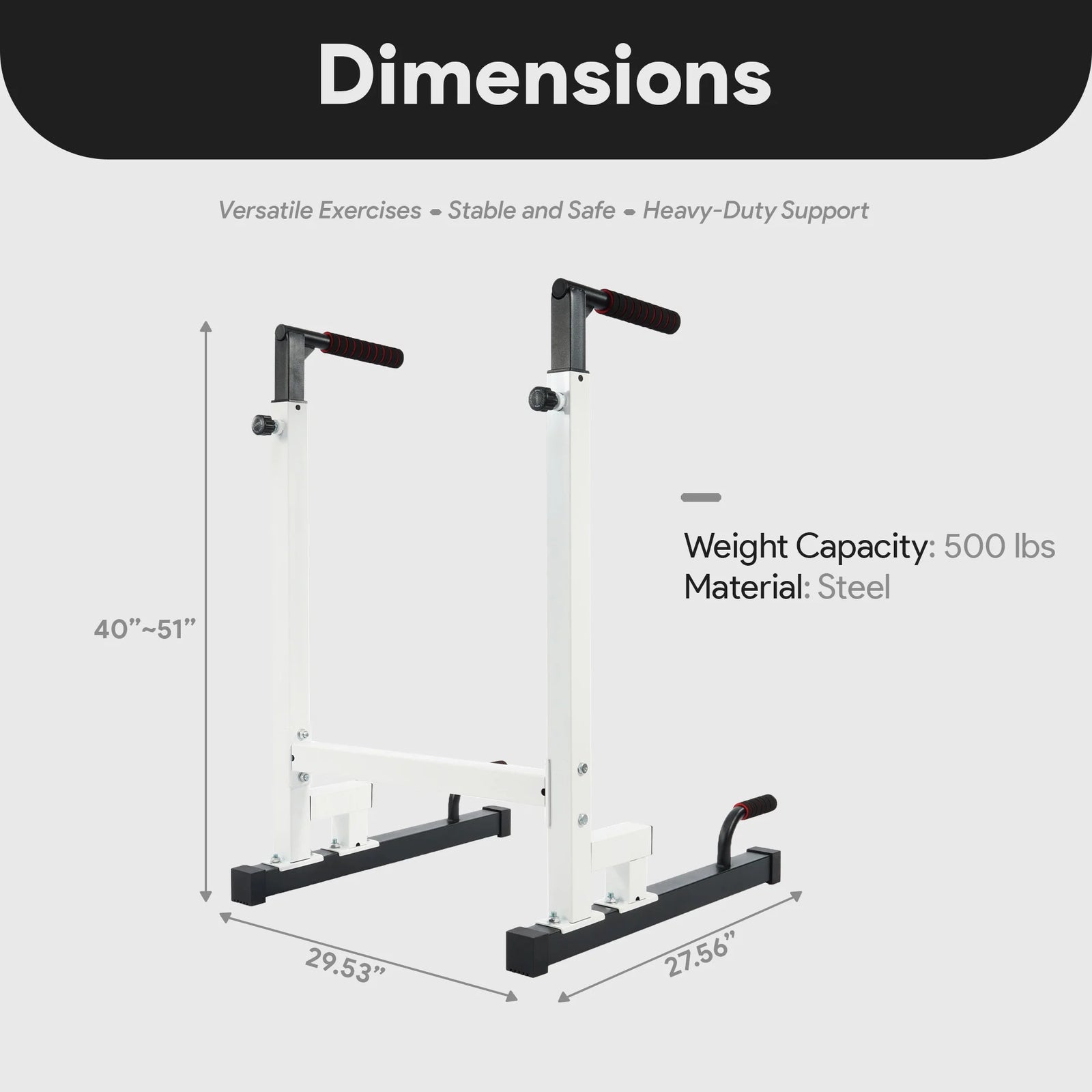 Steel Frame Dip Station with Adjustable Height, 500 Lb Weight Capacity, White